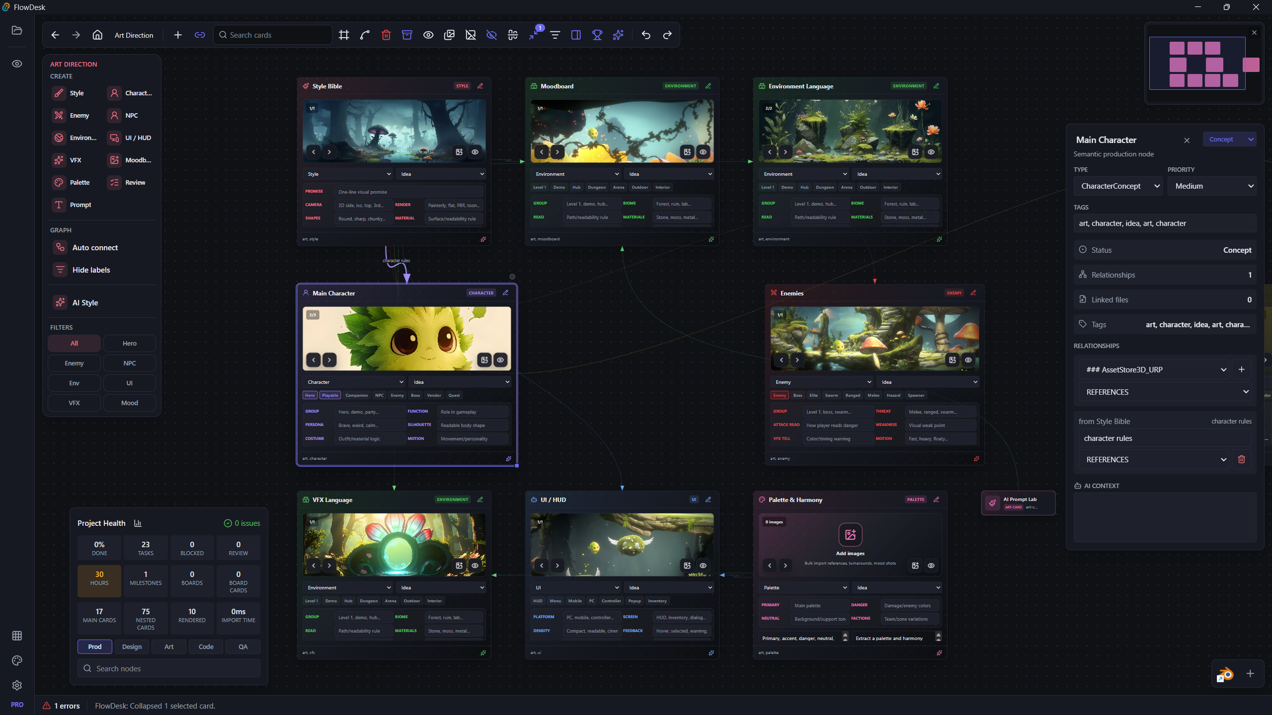FlowDesk art direction board with connected visual production cards