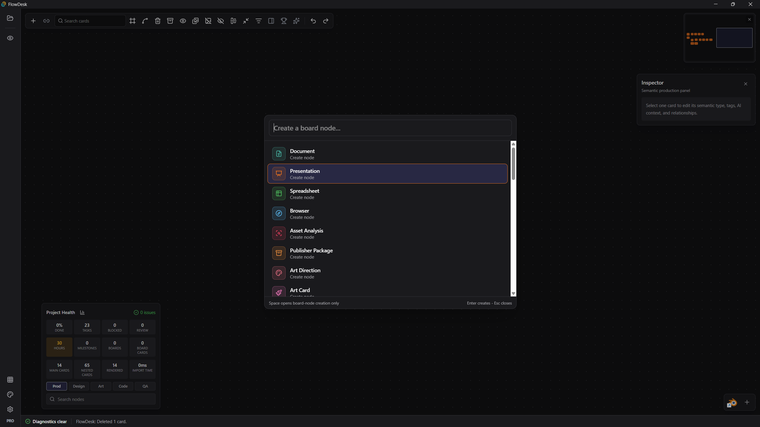 FlowDesk create node panel showing document, presentation, spreadsheet, browser, asset analysis, and art direction node types