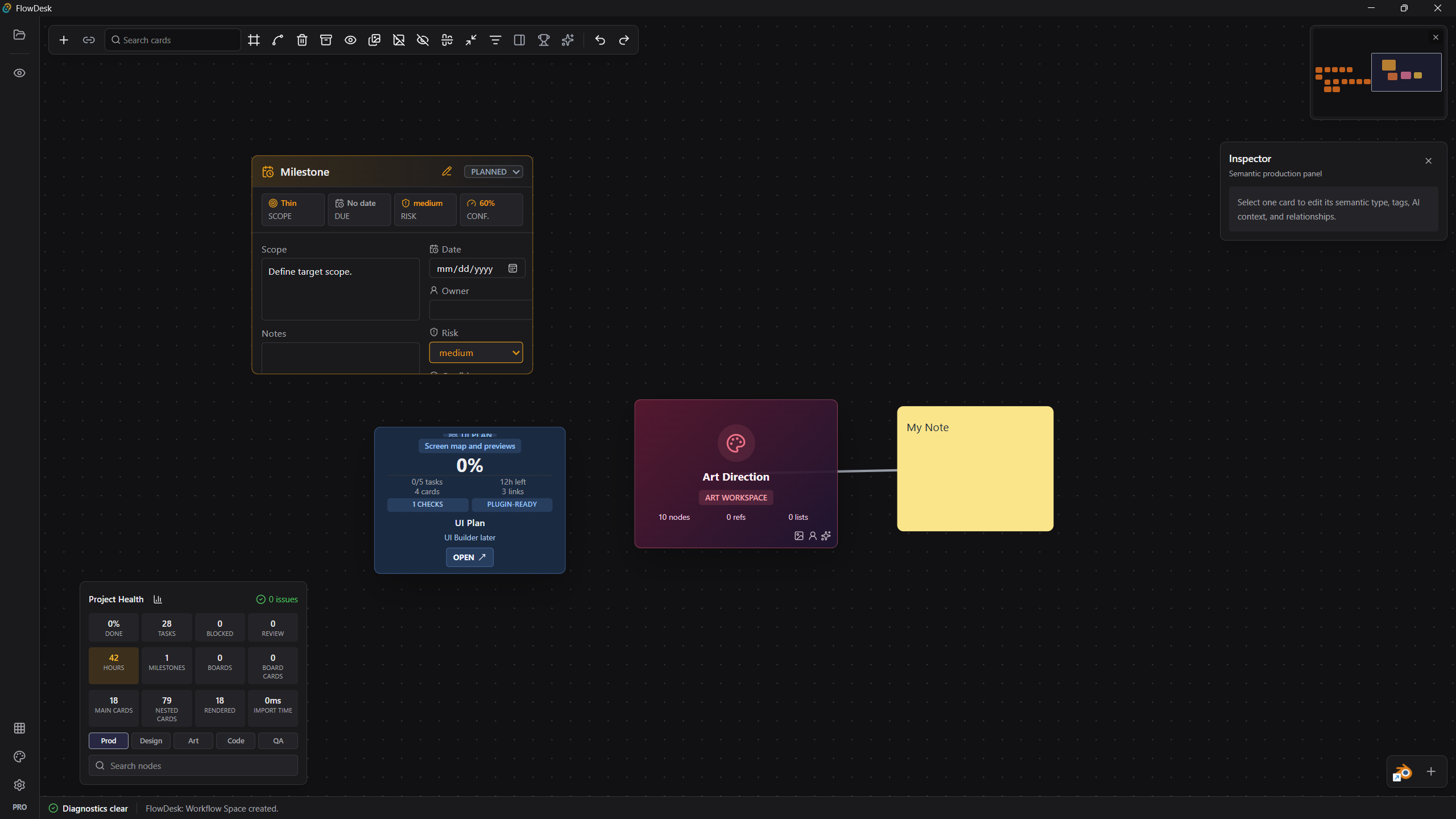 FlowDesk workflow space with milestone, UI plan, art direction, note card, and inspector